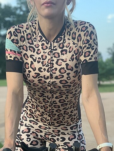  女性用 サイクリングジャージー 半袖 バイク ジャージー トップス 3つのリアポケット付き マウンテンサイクリング ロードバイク 高通気性 速乾性 吸汗性 反射性ストリップ ブルー 褐色 グリーン レオパード スポーツ 衣類