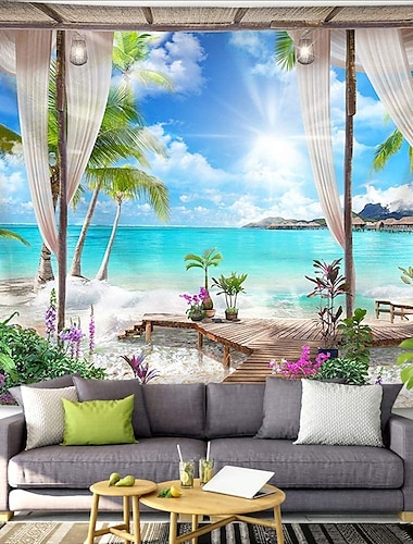  окно пейзаж стена гобелен художественный декор одеяло занавеска висит дома спальня гостиная украшение кокосовая пальма море океан пляж