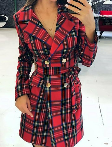  Women's Blazer Christmas Valentine's Day Street Summer Spring Long Coat Regular Fit Warm Breathable Streetwear Casual Jacket Long Sleeve Plaid / Check Pocket Red