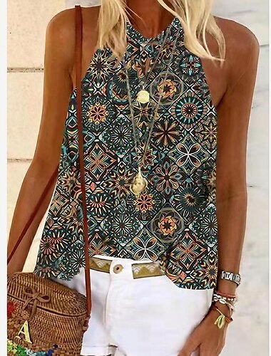  Dames Camisole Tank Top Halter Zomertops Roze Blauw Paars Grafisch Bloemloos Mouwloos Etnisch Boho Halter S