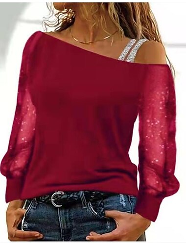  Damen T Shirt Schwarz Wein Blau Glatt Gitter Patchwork Langarm Ausgehen Wochenende Ein-Schulter Sexy Strand Design Ein-Schulter Standard S