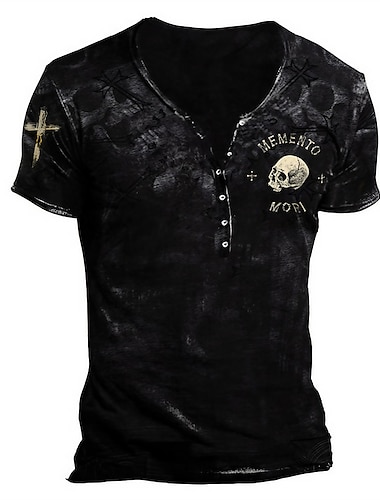  Voor heren T-shirt Henley-shirt Doodskoppen Grafische prints Henley Zwart Leger Groen Bruin Khaki 3D-afdrukken Buiten Casual Korte mouw Button-omlaag Afdrukken Kleding Stijlvol Lichtgewicht Vintage