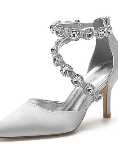  lila Satin-Damenschuhe mit hohen Absätzen, Strassverzierungen und Knöchelriemen für Hochzeiten und Cocktailveranstaltungen