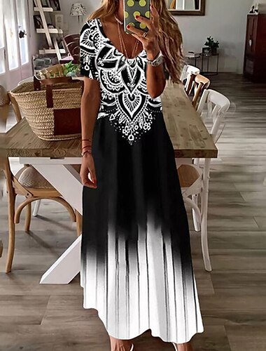 Dames Maxi Jurk Casual Jurk Swing Jurk Lange Jurk Zwart Korte Mouw Geometrische Print Lente Zomer V Hal Casual Losse Pasvorm 2023 S M L XL XXL 3XL
