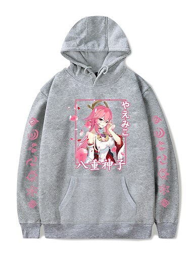  Genshin-Einschlag Ja Miko Kapuzenshirt Anime Zeichentrick Anime Harajuku Grafik Kawaii Für Paar Herren Damen Erwachsene Zurück zur Schule Heißprägen