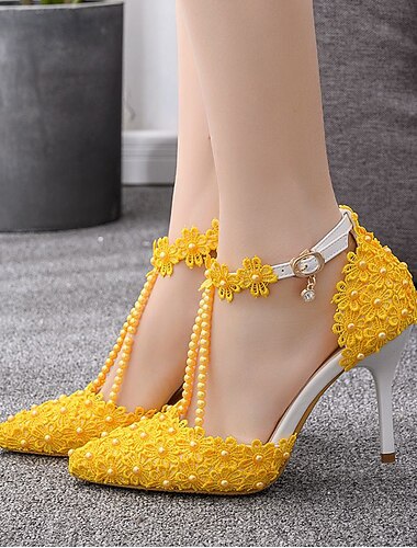  Witte damesschoenen met parelmoeren T-bandje en hoge hakken voor een bruiloft in de kerk – elegante bruidsschoenen met hakken voor een kerkelijke bruiloft