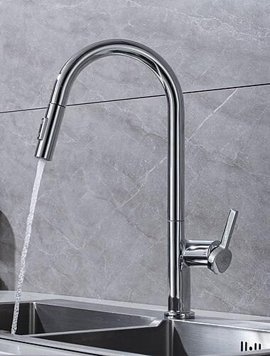  Küchenarmatur mit ausziehbarer Brause, Einhand-Einloch-Messing-High-Arc-2-Modi, um 360 ° drehbare, moderne, zeitgemäße Küchenarmaturen