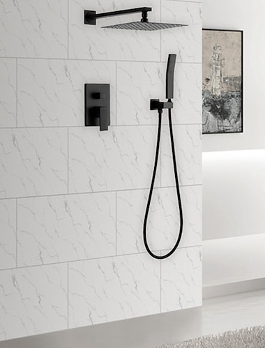  combiset voor verborgen douchekranen zwart, 8"/10"/12"ultradunne douchesysteem met opzetstuk mengkraan ruw in regenval hogedrukkop met handbediening, wandgemonteerd bad en doucheset badkamer bad
