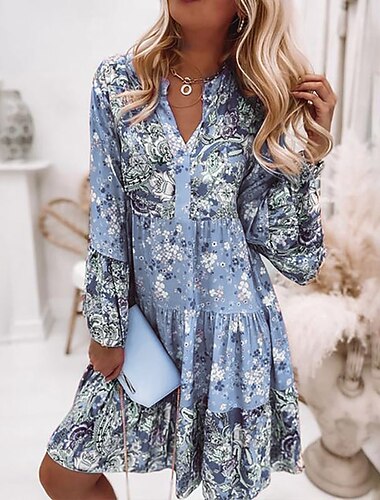  Damen-Etuikleid Boho-Kleid knielanges Kleid rosa Langarm Blumenrüschen gesmokter Druck Sommer Frühling Herbst V-Ausschnitt Boho lässig Flare Manschettenärmel 2023 4xl