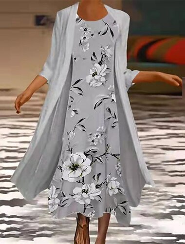 Mujer Conjunto de vestido Vestido de dos piezas Vestido de raso Vestido Midi Gris Manga 3/4 Floral Gasa Verano Primavera Cuello Barco Elegante Holgado 2023 S M L XL XXL