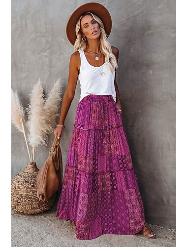  damenederdel swing lang nederdel bohemia maxi nederdele med snoretryk grafisk ensfarvet kausal ferie forår &amp; sommer vintage boho rød blå lilla