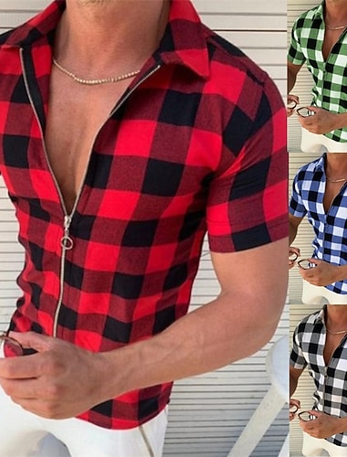  Herren Hemd Sommerhemd Kariertes Hemd Karierte Hemden Rote Blau Grün Grau Kurzarm Karo Rautenmuster Umlegekragen Outdoor Straße Druck Bekleidung Polyester Mode Lässig Atmungsaktiv Bequem