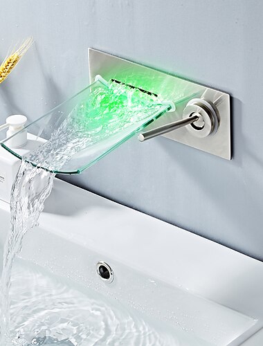  Wandmontierter Waschbeckenhahn, Einhand-Zwei-Loch-LED-Wasserfall, zeitgenössische verchromte Badarmaturen mit heißem und kaltem Wasser