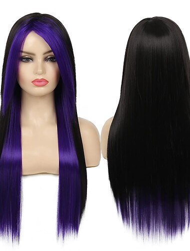  Lange Rot Schwarze Perücke Seidenartige Gerade Haare Synthetische Hitzebeständige Seitenpony Damen Perücke Halloween-Perücken