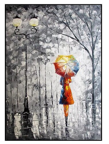  Oil Painting Handmade Hand Painted Wall Art Modern Woman Holding An Umbrella In The Rain Landscape Home Decoration Decor Rolled Canvas No Frame Unstretched