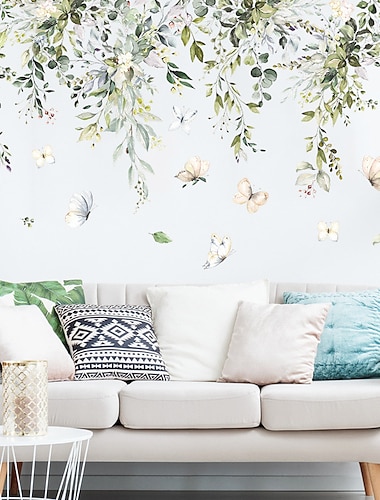  2 pc 30 × 90 センチメートル熱帯緑の葉の蝶の装飾品寝室、リビングルーム、ポーチ、家の壁の装飾壁のステッカー自己粘着