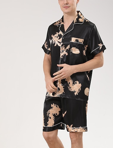  Hombre Satén y Seda Pijama Conjunto pijama Pijama de Seda 2 Piezas Animal Color puro Moda Casual Satén Hogar Cama Seda sintética Poliéster Diseño Manga Corta Bermudas Básico Primavera Verano Negro