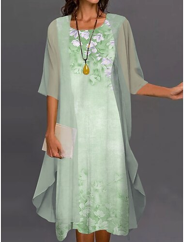  Absolventinnenkleid Midi-Kleid Zweiteiliges Kleid Set Blumenmuster Rundhalsausschnitt Elegant Klassisch Urlaub Halblanger Ärmel Sommer Frühling