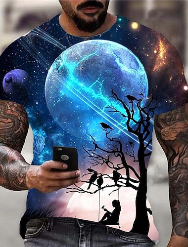  Herren Grafik Galaxie Gruseliger Mond T Shirt Kurzarm T-Shirt 3D-Druck Rundhalsausschnitt Hemd Sport Designer Klassisch Täglich Sport Wochenende Schwarz Königsblau Blau Sommer Bekleidung S M L XL XXL
