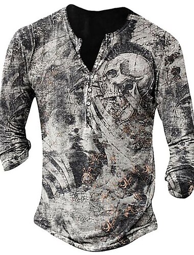  Voor heren T-shirt Henley-shirt T-shirts Grafisch Doodskoppen Henley blauw Bruin Marineblauw Grijs 3D-afdrukken Grote maten Straat Casual Lange mouw Button-omlaag Afdrukken Kleding Katoen Basic