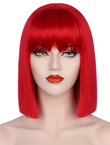  Peluca roja para mujer, peluca corta roja con flequillo, aspecto natural, peluca sintética suave, peluca bonita para fiesta, cosplay, halloween, pelucas para fiesta de Navidad de 12 pulgadas