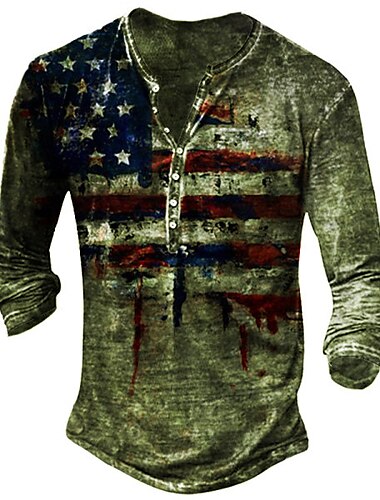  Herren T-Shirt Tee Henley Shirt Tee Vintage Retro Basic Shirt Grafik Amerikanische Flagge Langarm Shirt Schwarz Gelb Rot Street Casual Daily Henley Frühling & Herbst Kleidung Kleidung Plus Größe S M L