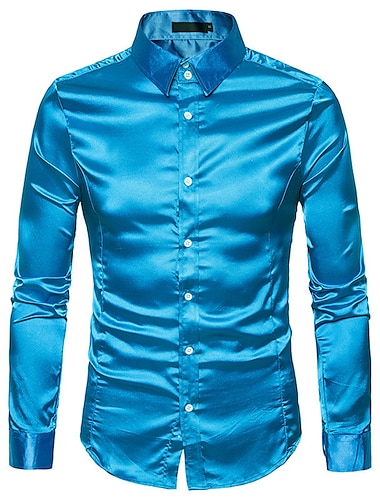  Herre Jakkesætsskjorter Button Up skjorte Skjorte med krave Bal skjorte Silkeskjorte i satin Flåde Sort Hvid Langærmet Vanlig Krave Bryllup Fest Tøj