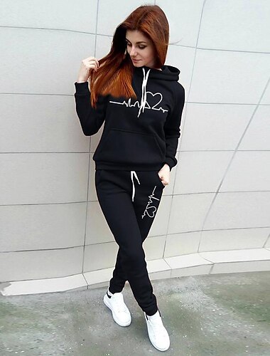  Női Meleg Sportok Kapucnis felsőrész Tracksuit Nadrág szettek Kocogók Nadrágok Hosszú ujj Kapucni Grafika Zsinór Nyomtatott Szabadtéri Hétköznapi Fekete Arcpír rózsaszín Rubin Ősz & tél Normál