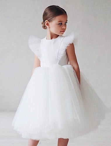  Kinder Mädchen Partykleid Einfarbig Kurzarm Leistung Hochzeit Gerafft Netz Prinzessin Schön Polyester Midi Partykleid Schwingkleid Sommer Frühling 2-9 Jahre Schwarz Weiß Rote