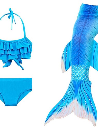  Kinderen Voor meisjes Drie stuk Zeemeermin zwemkleding Badmode Bikini Bikini Zwemmen Kinderdag Kleurenblok leuke Style Sexy Afdrukken Badpakken 3-10 jaar Zomer blauw