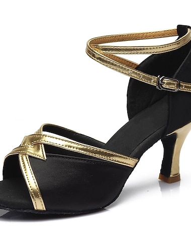  chaussures de danse latine noires et dorées pour femmes – semelle en daim, bride à la cheville, talons de performance de salsa de salon