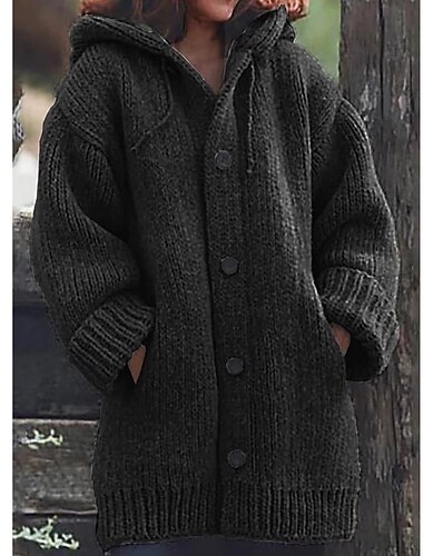  Dames Vest Gebreid nappi Effen Effen Kleur Basic Casual Zacht Lange mouw Ruimvallend Trui Vesten Capuchon Open voorzijde Herfst Winter blauw Zwart Grijs / Dagelijks / Jas