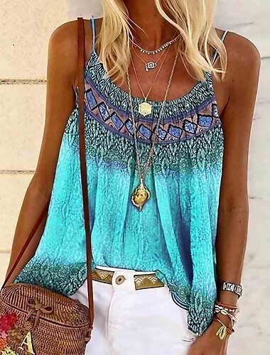  Damernas plusstorlek linne topp linne sommar toppar boho geometrisk ärmlös axelrem semester strand gul rosa blå lila