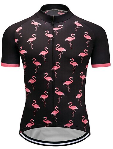  בגדי ריקוד גברים חולצת ג'רסי לרכיבה גראפי פלָמִינגוֹ שרוולים קצרים אופנייים טי טי ג'רזי צמרות עם 3 כיסים אחוריים רכיבת כביש קרם הגנה עמידות UV רכיבה על אופניים ייבוש מהיר ספורט ורוד ביגוד