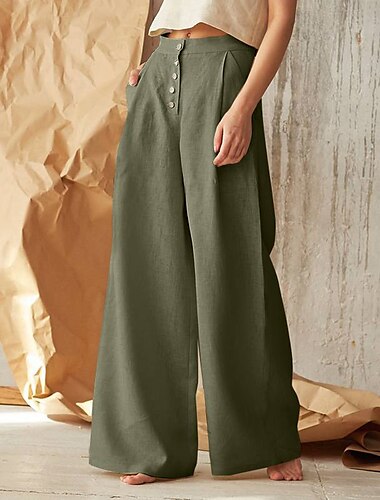  Women's Normal Culottes Wide Leg Wide Leg Cotton Linen Pants Fashion Full Length Mid Waist Plain Side Pockets Wide Leg Baggy Comfort Inelastic Casual Weekend Black Green Khaki Summer Spring &  Fall