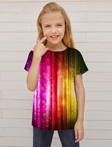  Mädchen 3D Farbblock T-Shirt Kurzarm 3D-Druck Sommer Frühling Aktiv Modisch Kuschelig kinderkleidung 3-12 Jahre Outdoor Täglich Innen Regular Fit