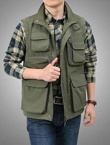  Herren Anglerweste Weste für Wanderer Ärmellos Oberbekleidung Reißverschluss oben Shirt Außen Multi-Pocket Atmungsaktiv Rasche Trocknung Schweißableitend Sommer Schwarz Kaki Marineblau Jagd Angeln