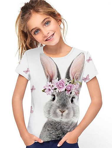  Ostern Mädchen 3D Blumen Tier Hase Kaninchen T-Shirt Kurzarm 3D-Druck Sommer Frühling Aktiv Modisch Kuschelig kinderkleidung 3-12 Jahre Outdoor Täglich Innen Regular Fit