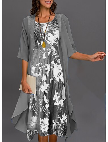  Damen Abschlusskleid Midi Kleid Zweiteiliges Kleid Set Kleid Grün Blau Grau Halblange Ärmel Floral Druck Sommer Frühling U-Ausschnitt Lässig