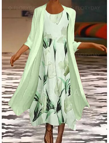  Damen Midi Kleid Zweiteiliges Kleid Set Kirchenkleid Pink Grün Grau 3/4-Länge Ärmel Floral Raffung Sommer Frühling Rundhalsausschnitt Elegant 2023 S M L XL XXL 3XL