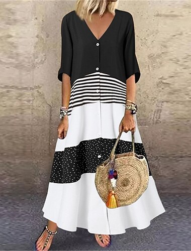  Damen Freizeitkleid Swingkleid langes Kleid Maxikleid braun Halbarm Farbblock Knopf Sommer Frühling V-Ausschnitt Basic 2023 5xl
