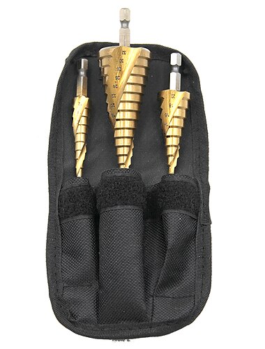  Broca passo a passo embalagem saco de nylon 3 pcs hss espiral sulcada cone de núcleo 1/4 haste hexagonal 4mm a 12mm 20mm 32mm cortador de corte de chanfro