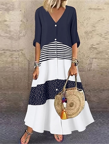  Women's Casual Dress Swing Dress Long Dress Maxi Dress Brown Half Sleeve Color Block Button Summer Spring V Neck Basic 2023 5XL