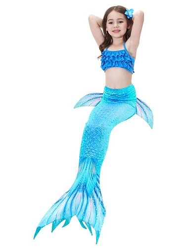  Kinderen Voor meisjes Drie stuk Zeemeermin zwemkleding Bikini Bikini Zwemmen Kinderdag Afdrukken leuke Style Sexy Badpakken 3-10 jaar Zomer blauw