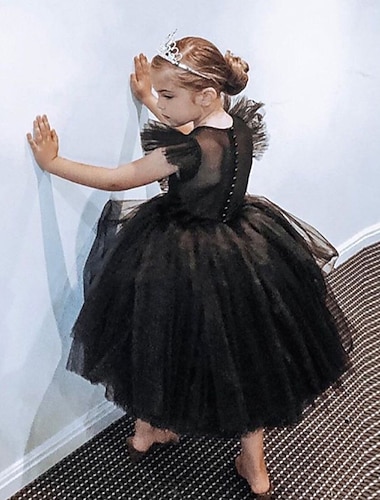  Kinder Mädchen Partykleid Einfarbig Kurzarm Leistung Hochzeit Gerafft Netz Prinzessin Schön Polyester Midi Partykleid Schwingkleid Sommer Frühling 2-9 Jahre Schwarz Weiß Rote