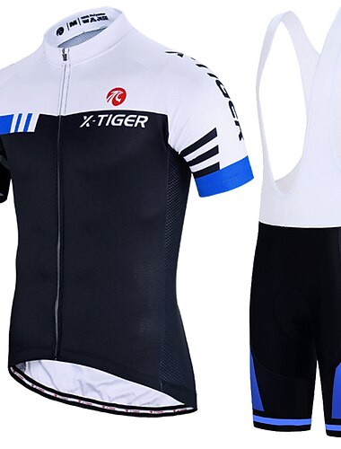  בגדי ריקוד גברים שרוולים קצרים חולצת ג'רסי ומכנס קצר ביב לרכיבה קיץ ספנדקס פוליאסטר ירוק אדום כחול פס אופניים חליפות בגדים 3D לוח נושם ייבוש מהיר רצועות מחזירי אור ספורט פס רכיבת הרים רכיבת כביש ביגוד
