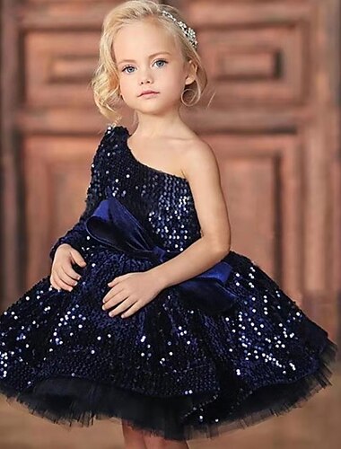  Kinder Mädchen Kleid One-Shoulder Pailletten A-Linie Kleid Party Geburtstag gerüscht Mesh Marineblau über dem Knie Kurzarm Prinzessin süße Kleider Herbst Sommer normale Passform 3-12 Jahre Kleid zum