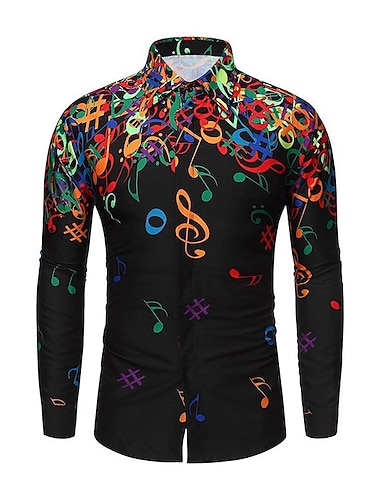  Voor heren Muziek Opmerkingen Overhemd met knopen Lange mouw Hawaii Casual Strandstijl Vakantie Dagelijks Zomer Lente Herfst Kraag Afdrukken Zwart Wit Geel blauw