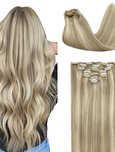  extensions de cheveux blonds vrais cheveux 12-24 pouces 120g 7 pièces blond cendré met en évidence le clip blond platine dans les extensions de cheveux vrais extensions de cheveux épais et raides pour