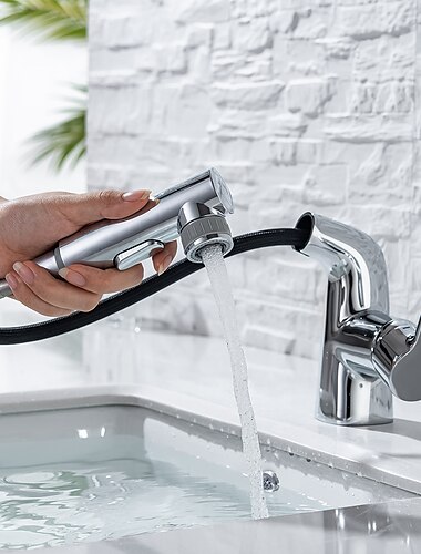  herausziehbare Waschbecken-Mischbatterie, 360 schwenkbarer herunterziehbarer Waschtischhahn aus Messing, 2 Wasserdurchflussmodi mit drehbarem Auslauf, Einhand-Waschraum-Wasserhahn mit Kalt-Warm-Schlauch